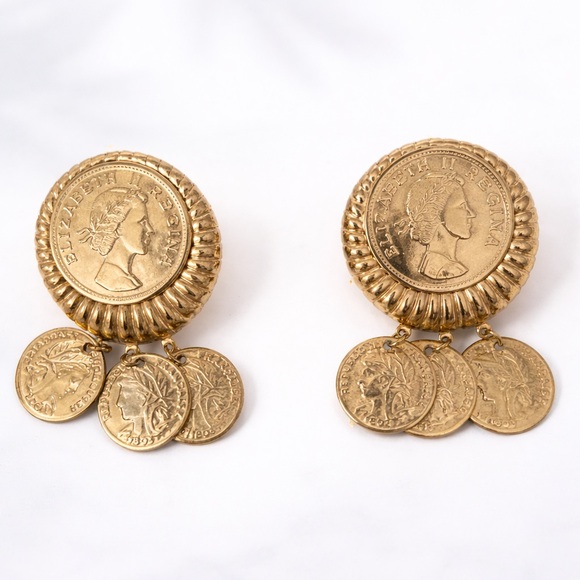 Vintage Gold Coin Statement Earrings – Post Back Dangle Medallion Earrings - Picture 3 of 4